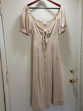 Mable Tie-Front Puff Sleeve Midi Dress in Beige